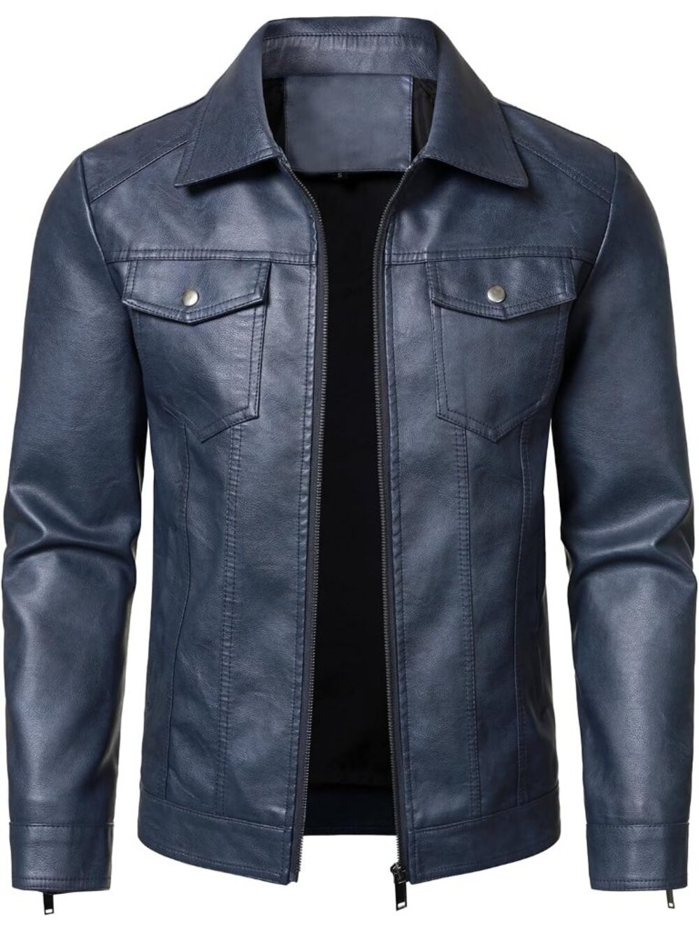 Men's Classic Dark Blue Faux Leather Moto Biker Jacket Slim Fit Zip Up Coat